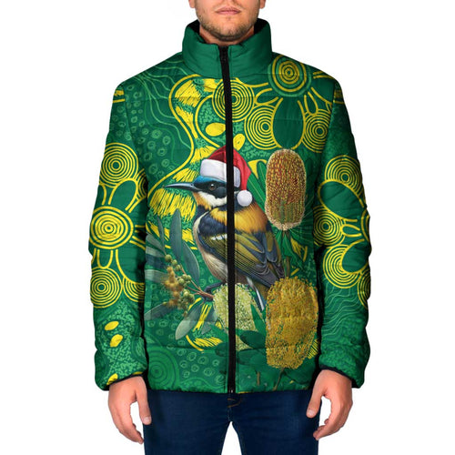 Aussie Honeyeaters Banksia Christmas Padded Jacket Aboriginal Dots Painting Green Motif - Aussie Hoodie
