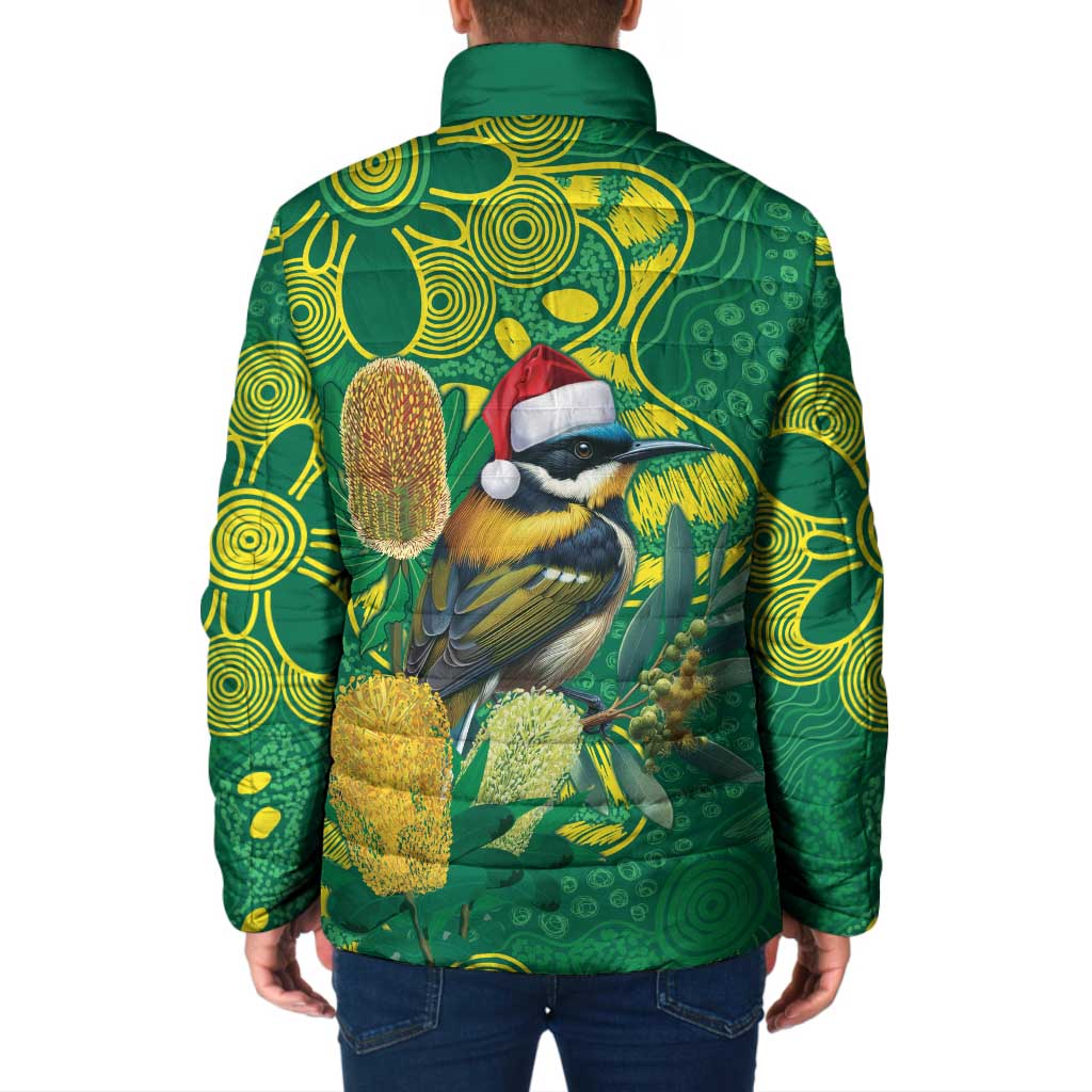 Aussie Honeyeaters Banksia Christmas Padded Jacket Aboriginal Dots Painting Green Motif - Aussie Hoodie