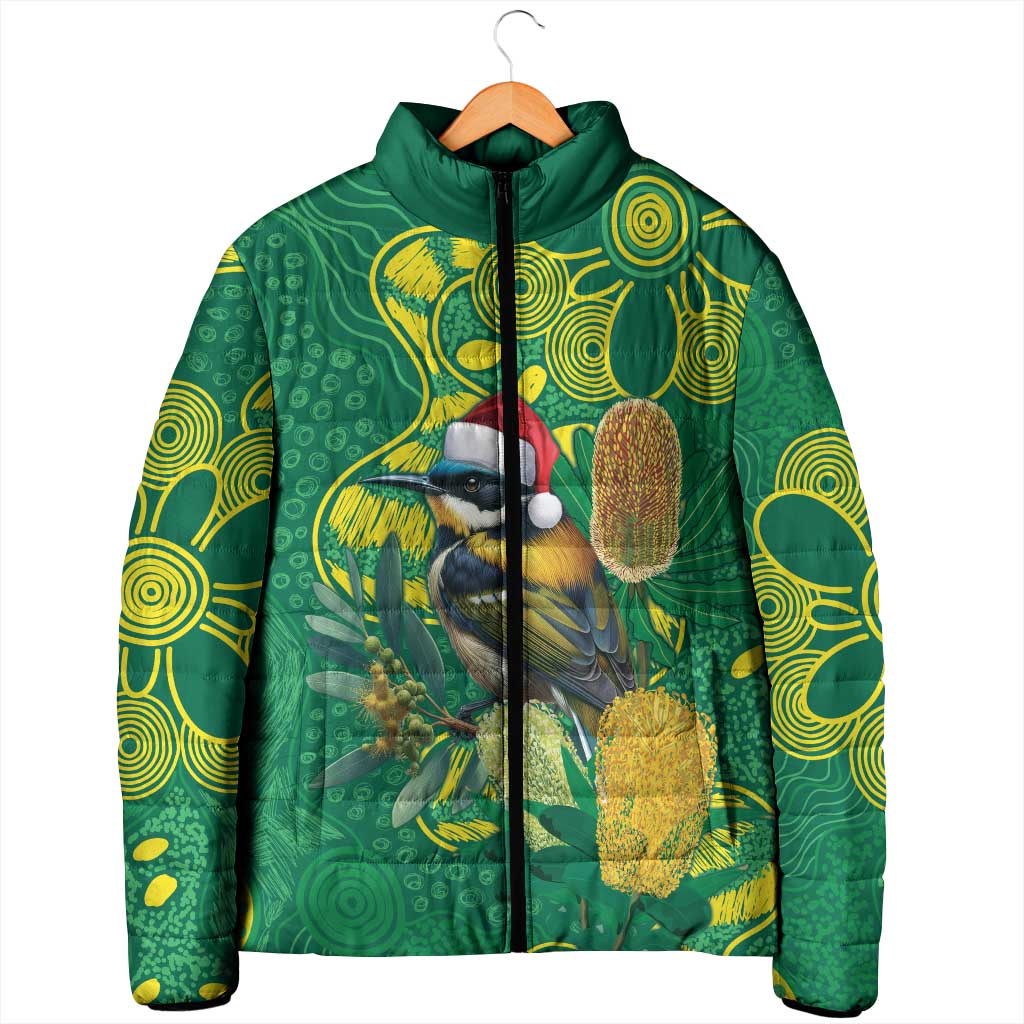 Aussie Honeyeaters Banksia Christmas Padded Jacket Aboriginal Dots Painting Green Motif - Aussie Hoodie