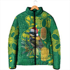 Aussie Honeyeaters Banksia Christmas Padded Jacket Aboriginal Dots Painting Green Motif - Aussie Hoodie