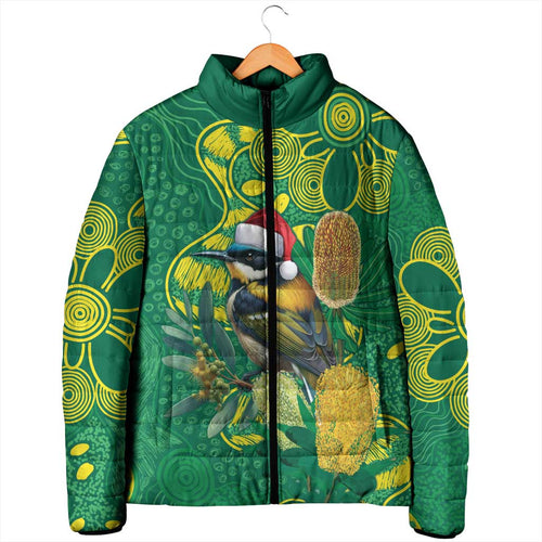 Aussie Honeyeaters Banksia Christmas Padded Jacket Aboriginal Dots Painting Green Motif - Aussie Hoodie