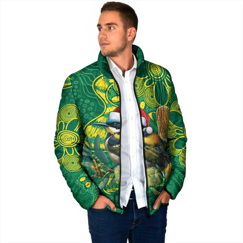 Aussie Honeyeaters Banksia Christmas Padded Jacket Aboriginal Dots Painting Green Motif - Aussie Hoodie