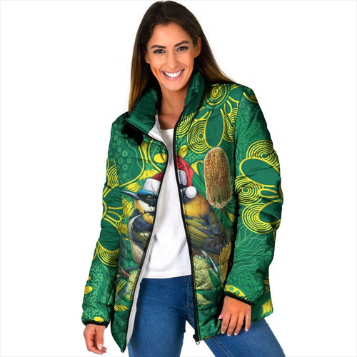 Aussie Honeyeaters Banksia Christmas Padded Jacket Aboriginal Dots Painting Green Motif - Aussie Hoodie
