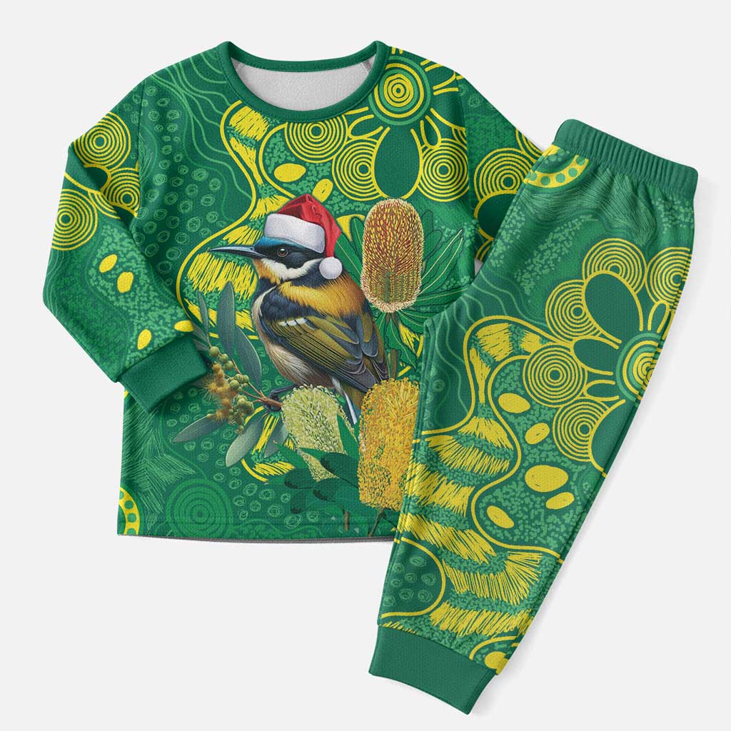 Aussie Honeyeaters Banksia Christmas Pajama Set Aboriginal Dots Painting Green Motif - Aussie Hoodie