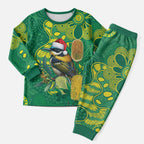 Aussie Honeyeaters Banksia Christmas Pajama Set Aboriginal Dots Painting Green Motif - Aussie Hoodie
