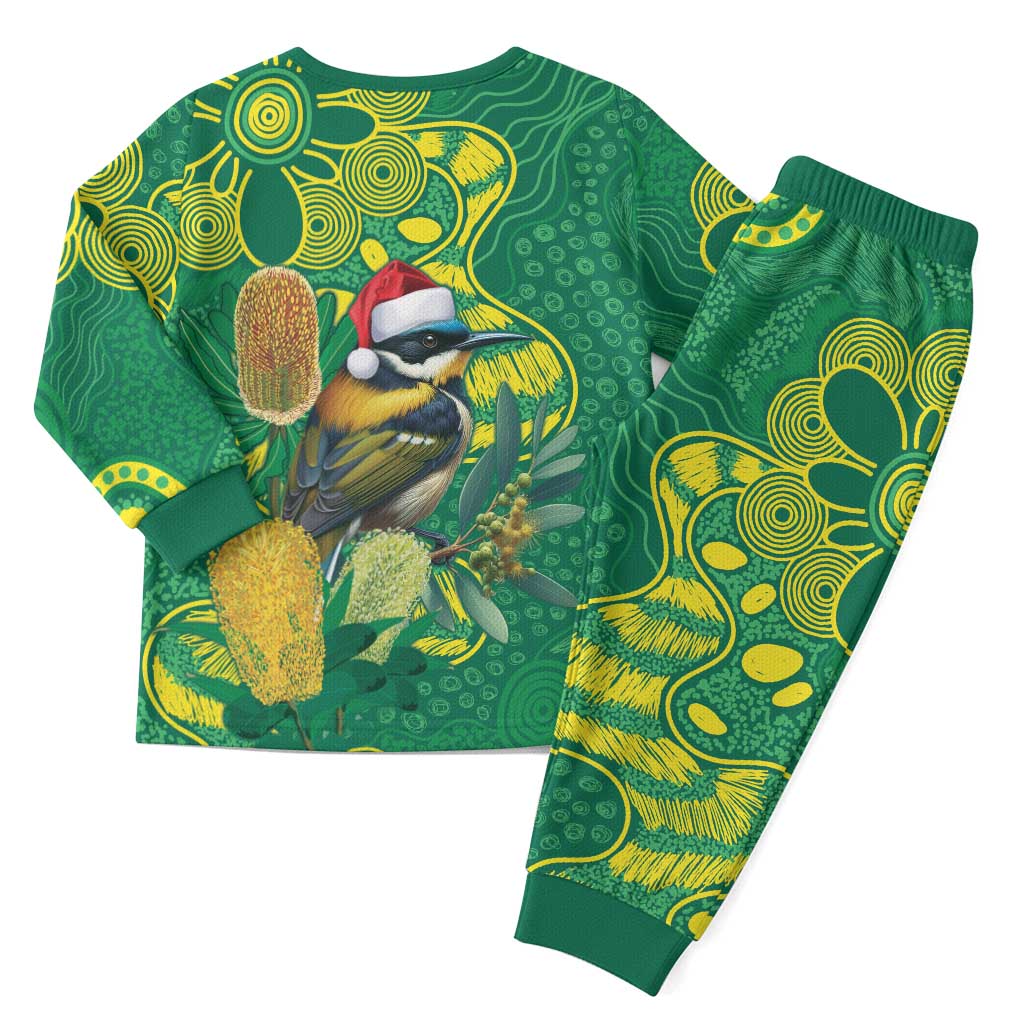 Aussie Honeyeaters Banksia Christmas Pajama Set Aboriginal Dots Painting Green Motif - Aussie Hoodie