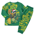 Aussie Honeyeaters Banksia Christmas Pajama Set Aboriginal Dots Painting Green Motif - Aussie Hoodie