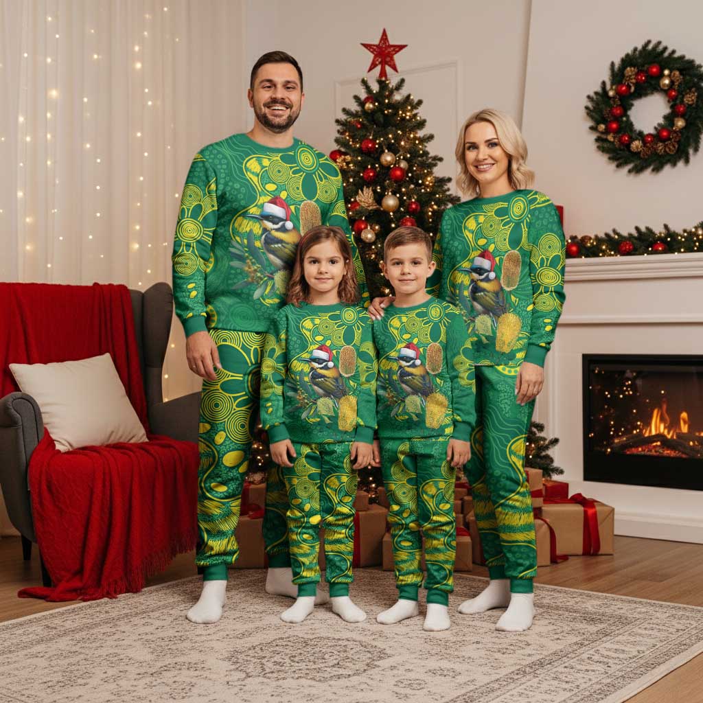 Aussie Honeyeaters Banksia Christmas Pajama Set Aboriginal Dots Painting Green Motif - Aussie Hoodie