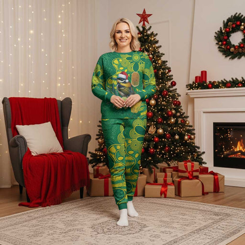 Aussie Honeyeaters Banksia Christmas Pajama Set Aboriginal Dots Painting Green Motif - Aussie Hoodie