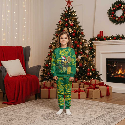 Aussie Honeyeaters Banksia Christmas Pajama Set Aboriginal Dots Painting Green Motif - Aussie Hoodie