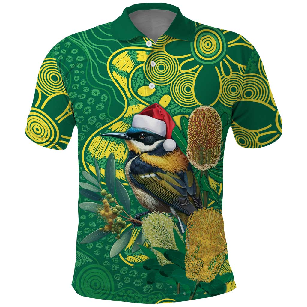 Aussie Honeyeaters Banksia Christmas Polo Shirt Aboriginal Dots Painting Green Motif - Aussie Hoodie