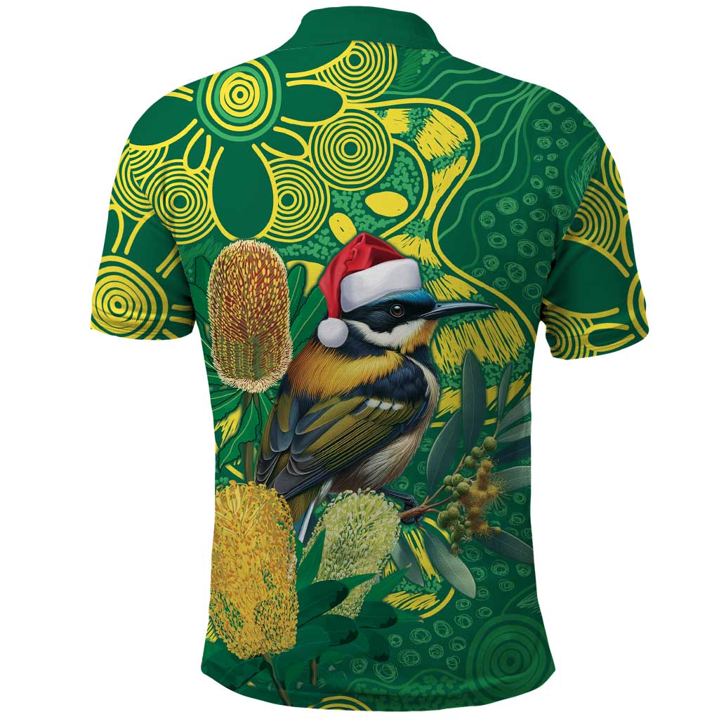 Aussie Honeyeaters Banksia Christmas Polo Shirt Aboriginal Dots Painting Green Motif - Aussie Hoodie