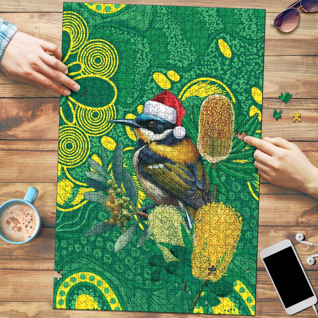 Aussie Honeyeaters Banksia Christmas Puzzle Aboriginal Dots Painting Green Motif - Aussie Hoodie