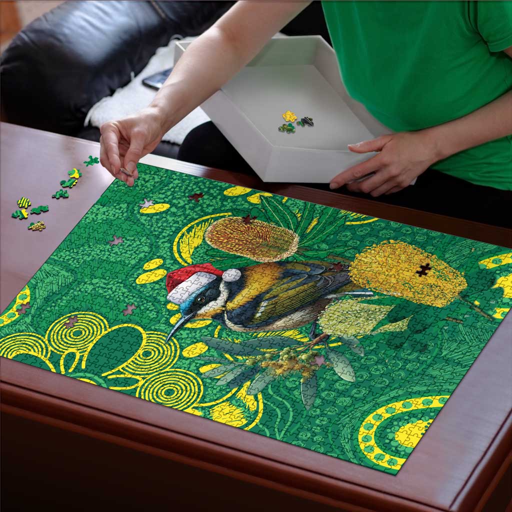 Aussie Honeyeaters Banksia Christmas Puzzle Aboriginal Dots Painting Green Motif - Aussie Hoodie
