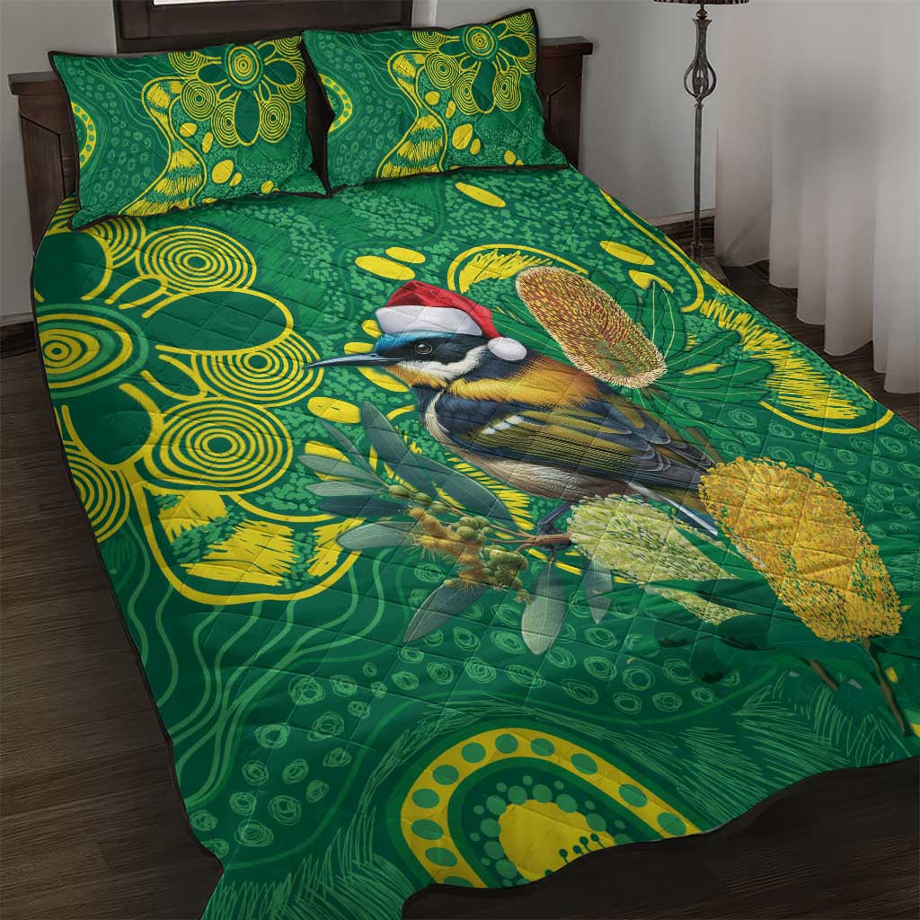 Aussie Honeyeaters Banksia Christmas Quilt Bed Set Aboriginal Dots Painting Green Motif - Aussie Hoodie