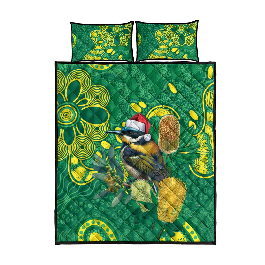Aussie Honeyeaters Banksia Christmas Quilt Bed Set Aboriginal Dots Painting Green Motif - Aussie Hoodie