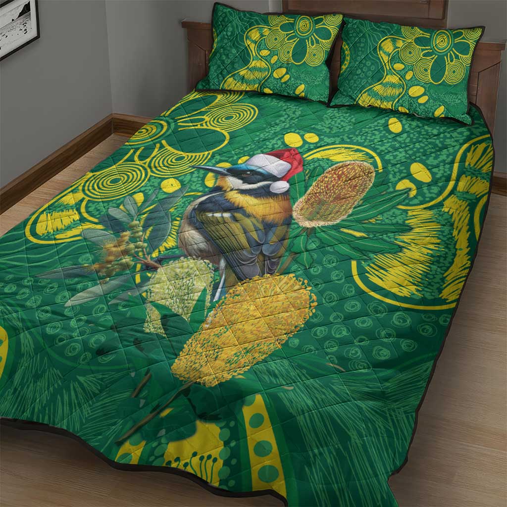 Aussie Honeyeaters Banksia Christmas Quilt Bed Set Aboriginal Dots Painting Green Motif - Aussie Hoodie