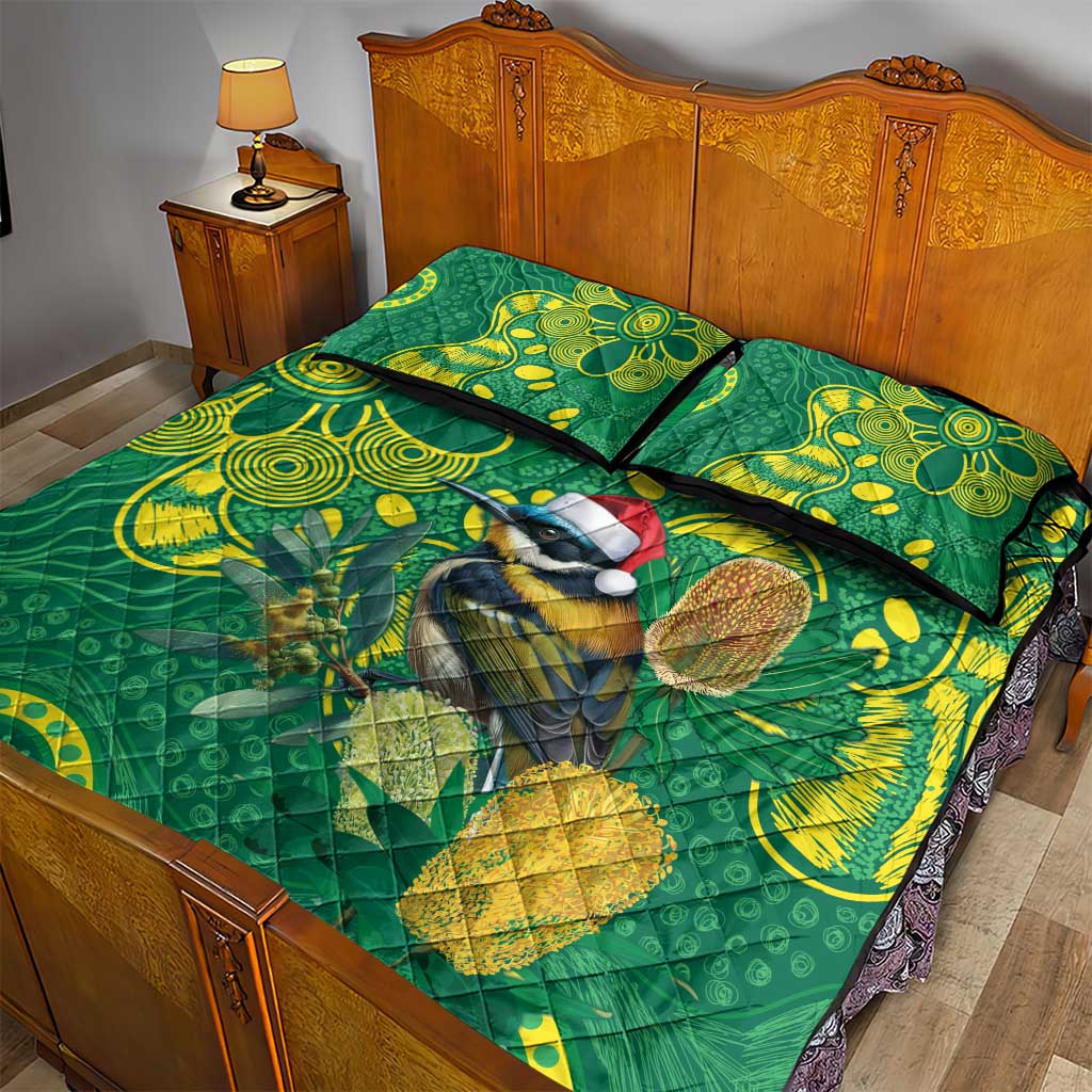 Aussie Honeyeaters Banksia Christmas Quilt Bed Set Aboriginal Dots Painting Green Motif - Aussie Hoodie