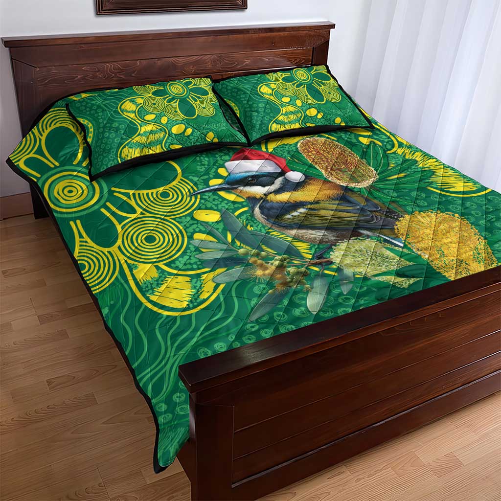 Aussie Honeyeaters Banksia Christmas Quilt Bed Set Aboriginal Dots Painting Green Motif - Aussie Hoodie
