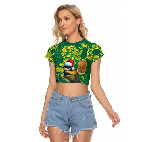 Aussie Honeyeaters Banksia Christmas Raglan Cropped T Shirt Aboriginal Dots Painting Green Motif - Aussie Hoodie