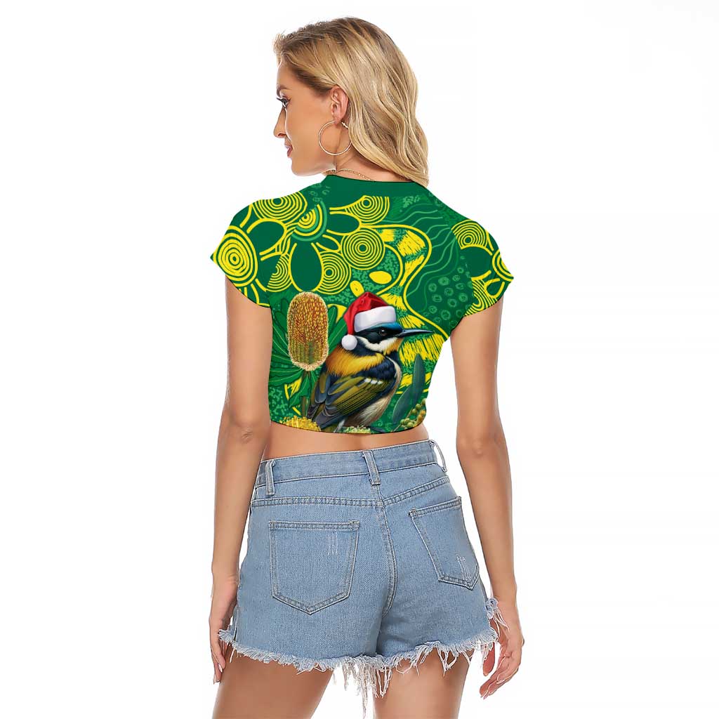 Aussie Honeyeaters Banksia Christmas Raglan Cropped T Shirt Aboriginal Dots Painting Green Motif - Aussie Hoodie