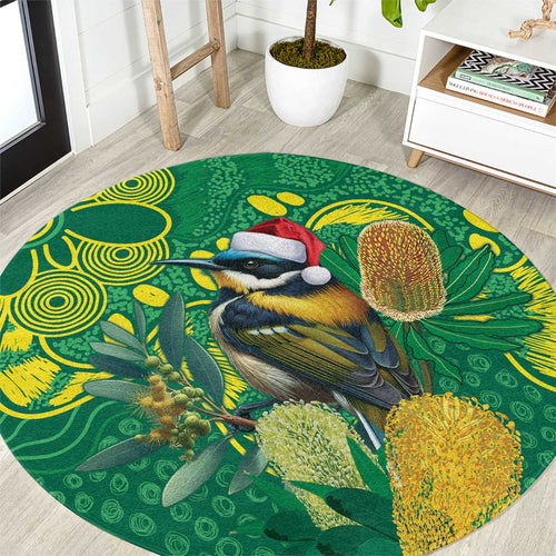 Aussie Honeyeaters Banksia Christmas Round Carpet Aboriginal Dots Painting Green Motif - Aussie Hoodie