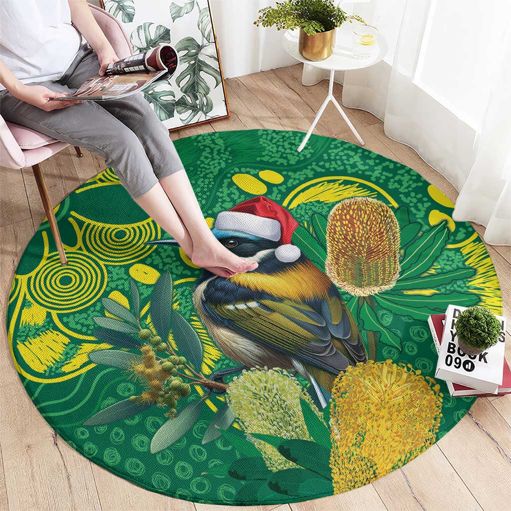 Aussie Honeyeaters Banksia Christmas Round Carpet Aboriginal Dots Painting Green Motif - Aussie Hoodie