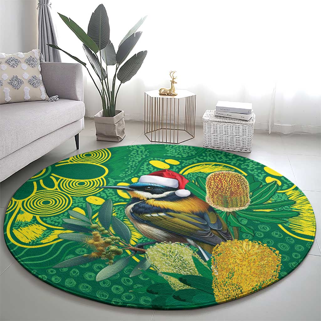Aussie Honeyeaters Banksia Christmas Round Carpet Aboriginal Dots Painting Green Motif - Aussie Hoodie
