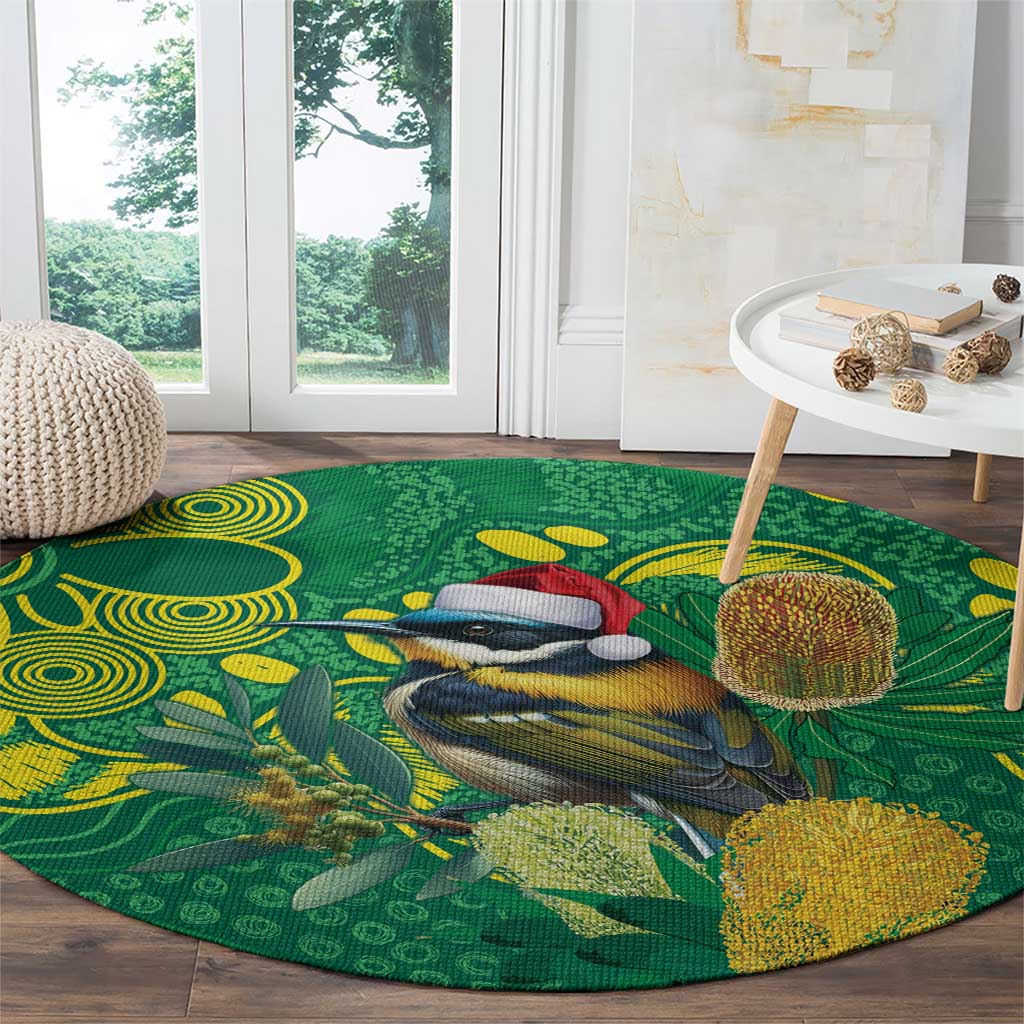 Aussie Honeyeaters Banksia Christmas Round Carpet Aboriginal Dots Painting Green Motif - Aussie Hoodie