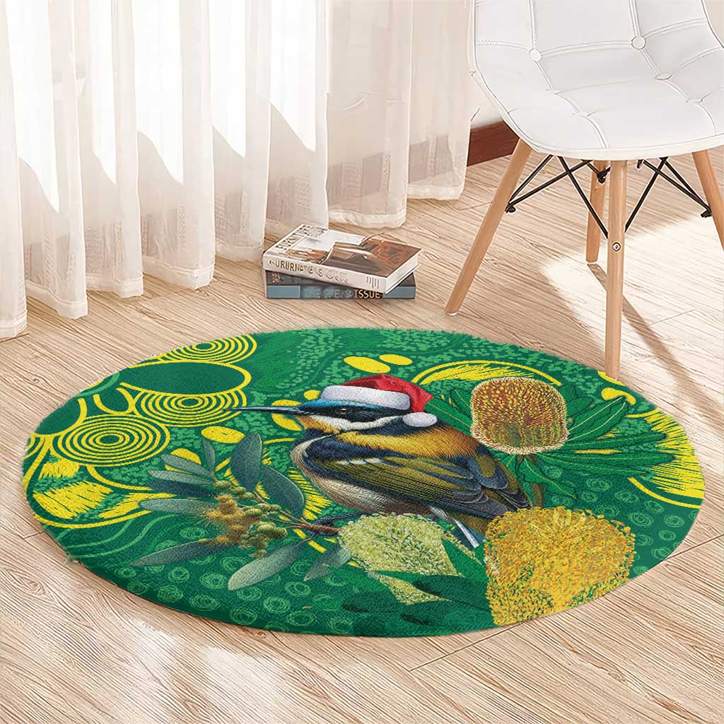 Aussie Honeyeaters Banksia Christmas Round Carpet Aboriginal Dots Painting Green Motif - Aussie Hoodie