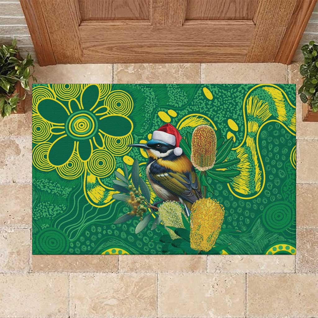 Aussie Honeyeaters Banksia Christmas Rubber Doormat Aboriginal Dots Painting Green Motif - Aussie Hoodie