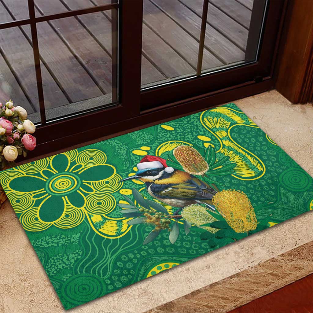 Aussie Honeyeaters Banksia Christmas Rubber Doormat Aboriginal Dots Painting Green Motif - Aussie Hoodie