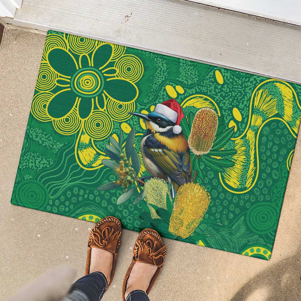 Aussie Honeyeaters Banksia Christmas Rubber Doormat Aboriginal Dots Painting Green Motif - Aussie Hoodie