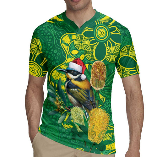 Aussie Honeyeaters Banksia Christmas Rugby Jersey Aboriginal Dots Painting Green Motif - Aussie Hoodie