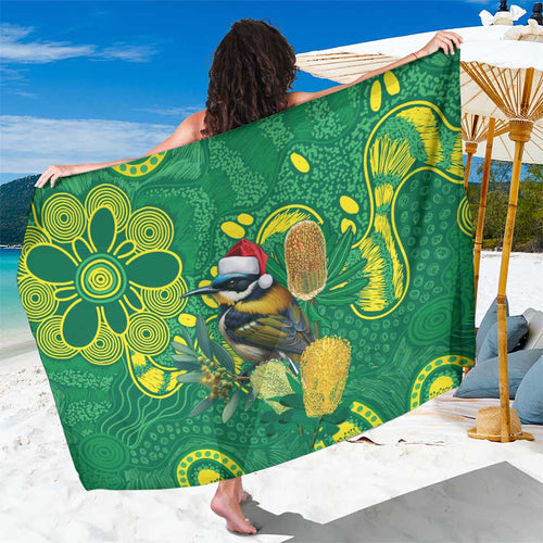 Aussie Honeyeaters Banksia Christmas Sarong Aboriginal Dots Painting Green Motif - Aussie Hoodie