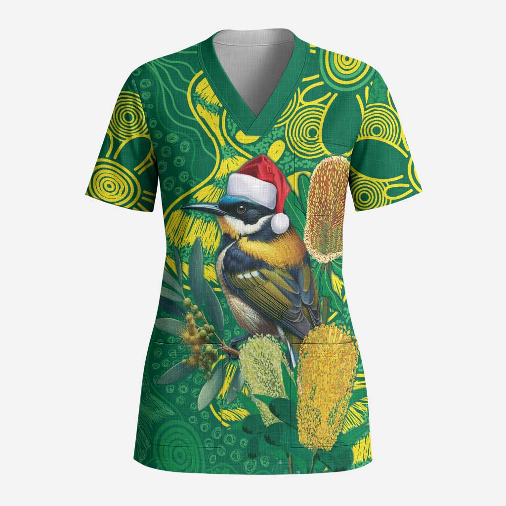 Aussie Honeyeaters Banksia Christmas Scrub Top Aboriginal Dots Painting Green Motif - Aussie Hoodie