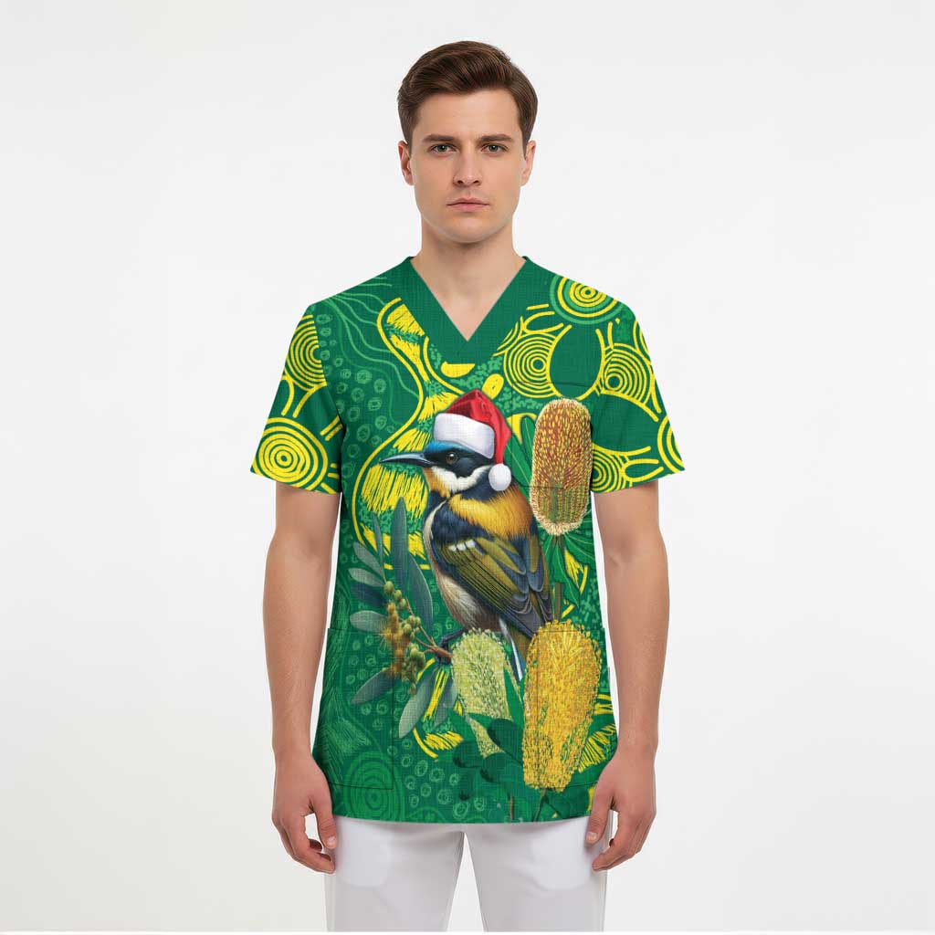 Aussie Honeyeaters Banksia Christmas Scrub Top Aboriginal Dots Painting Green Motif - Aussie Hoodie