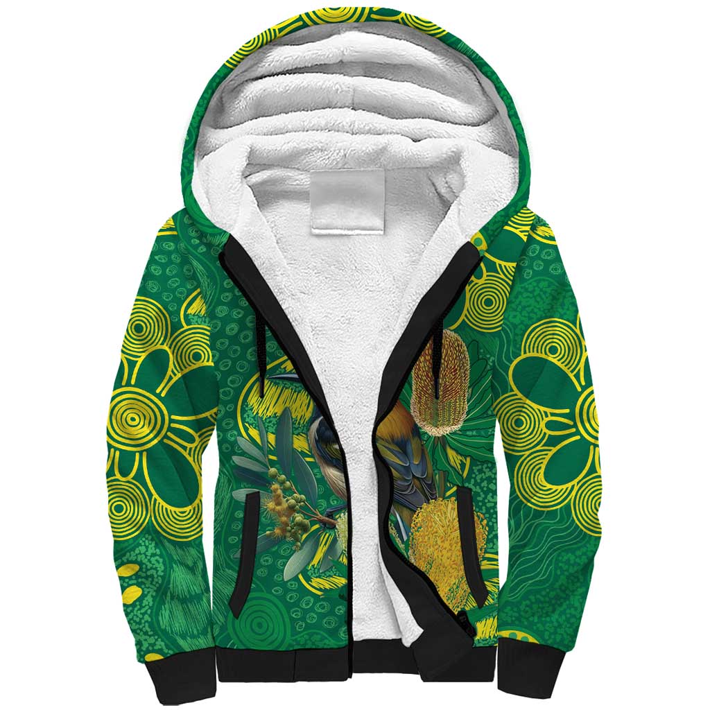Aussie Honeyeaters Banksia Christmas Sherpa Hoodie Aboriginal Dots Painting Green Motif - Aussie Hoodie