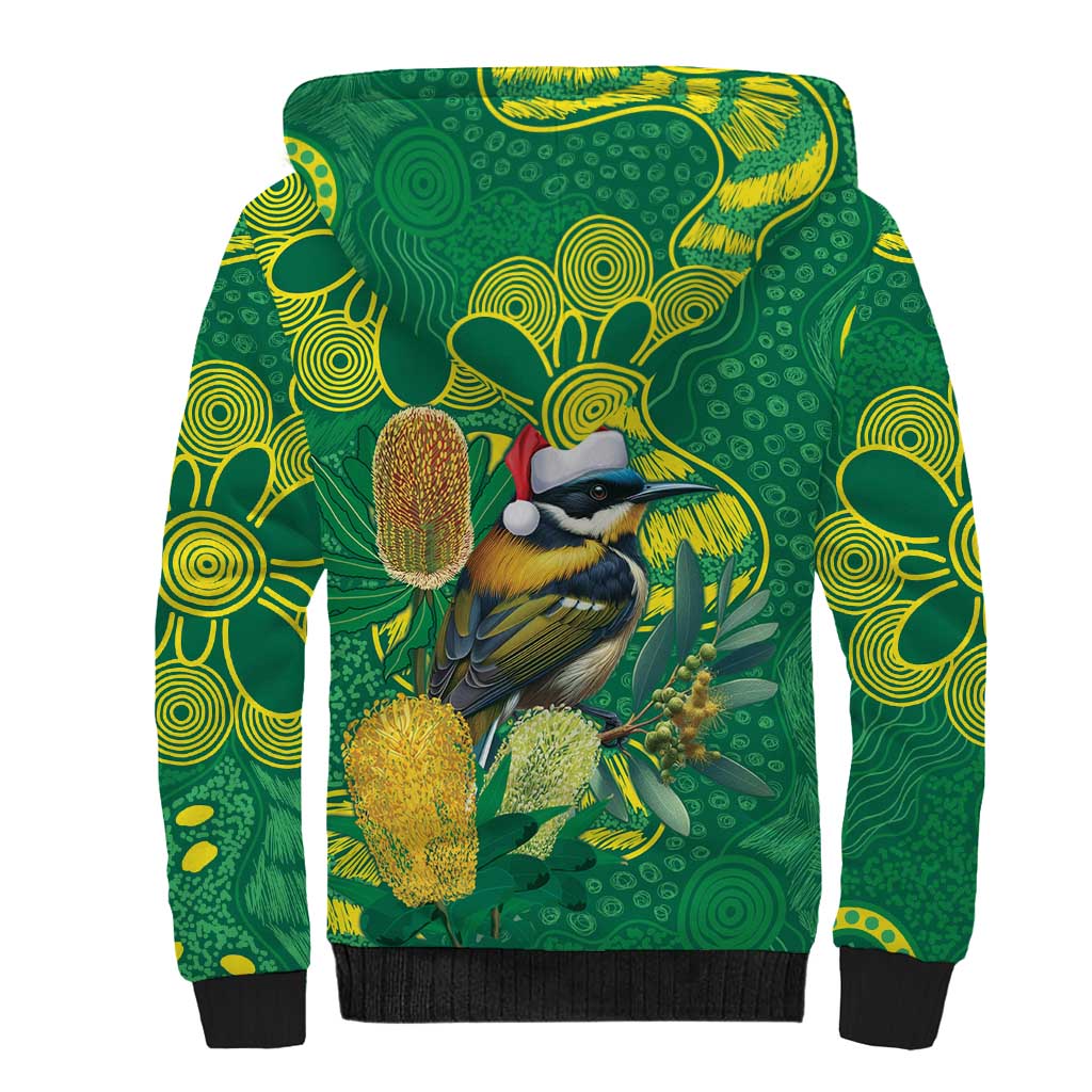 Aussie Honeyeaters Banksia Christmas Sherpa Hoodie Aboriginal Dots Painting Green Motif - Aussie Hoodie