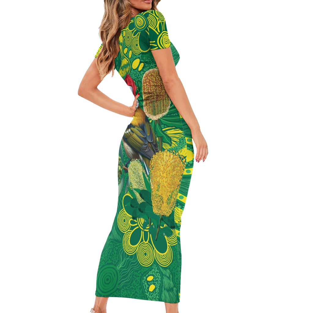 Aussie Honeyeaters Banksia Christmas Short Sleeve Bodycon Dress Aboriginal Dots Painting Green Motif - Aussie Hoodie