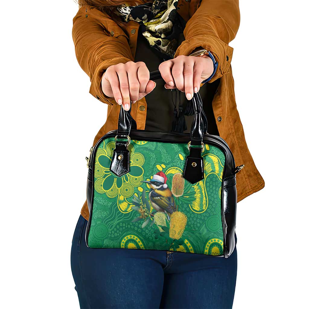Aussie Honeyeaters Banksia Christmas Shoulder Handbag Aboriginal Dots Painting Green Motif - Aussie Hoodie
