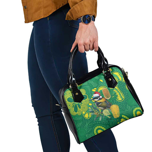 Aussie Honeyeaters Banksia Christmas Shoulder Handbag Aboriginal Dots Painting Green Motif - Aussie Hoodie