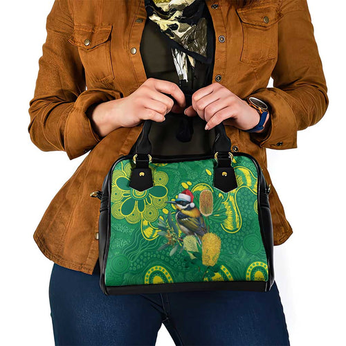 Aussie Honeyeaters Banksia Christmas Shoulder Handbag Aboriginal Dots Painting Green Motif - Aussie Hoodie