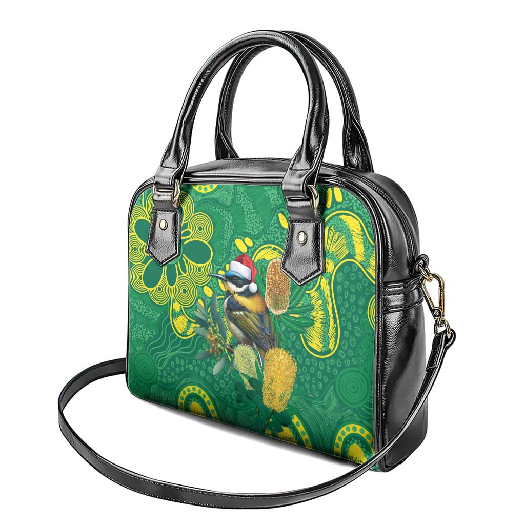 Aussie Honeyeaters Banksia Christmas Shoulder Handbag Aboriginal Dots Painting Green Motif - Aussie Hoodie