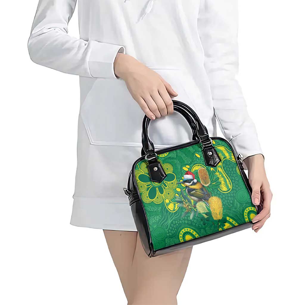 Aussie Honeyeaters Banksia Christmas Shoulder Handbag Aboriginal Dots Painting Green Motif - Aussie Hoodie