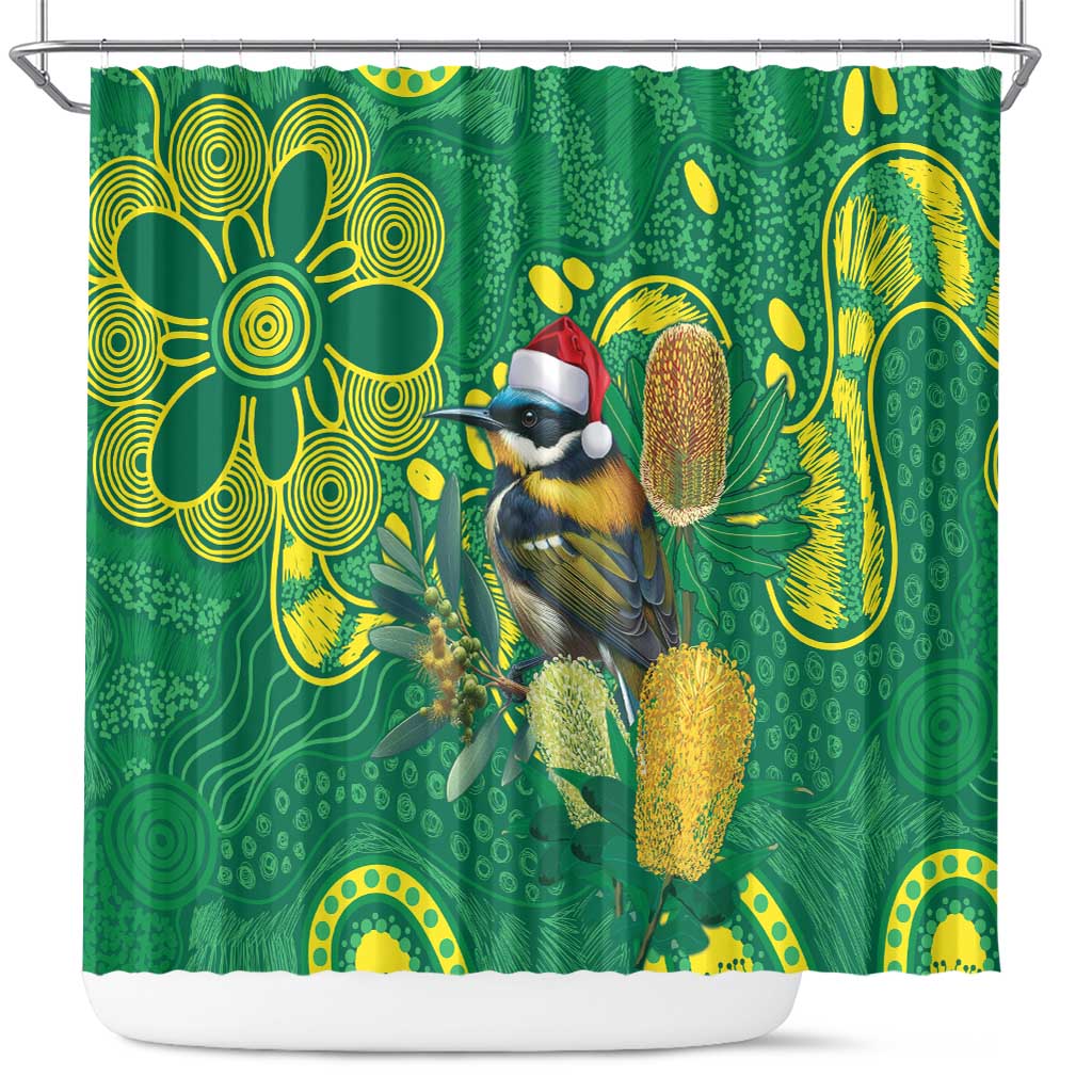 Aussie Honeyeaters Banksia Christmas Shower Curtain Aboriginal Dots Painting Green Motif - Aussie Hoodie