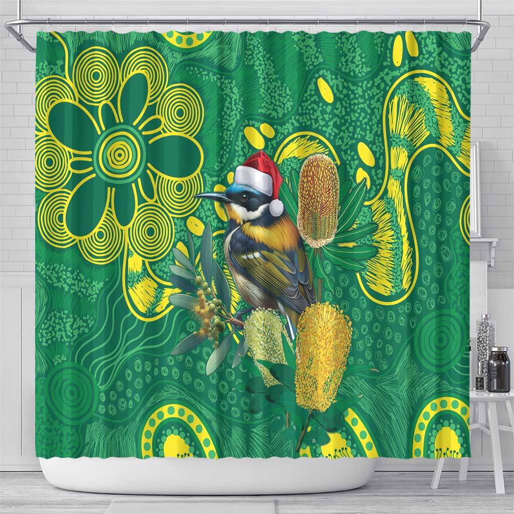 Aussie Honeyeaters Banksia Christmas Shower Curtain Aboriginal Dots Painting Green Motif - Aussie Hoodie