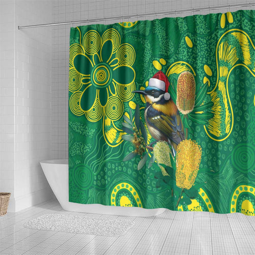 Aussie Honeyeaters Banksia Christmas Shower Curtain Aboriginal Dots Painting Green Motif - Aussie Hoodie