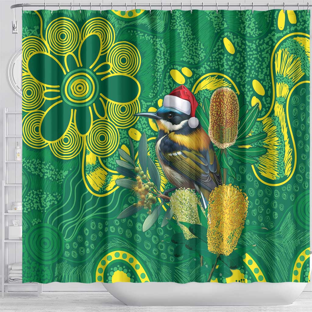 Aussie Honeyeaters Banksia Christmas Shower Curtain Aboriginal Dots Painting Green Motif - Aussie Hoodie