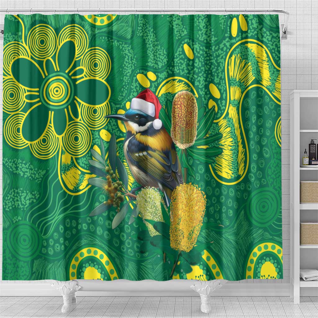 Aussie Honeyeaters Banksia Christmas Shower Curtain Aboriginal Dots Painting Green Motif - Aussie Hoodie